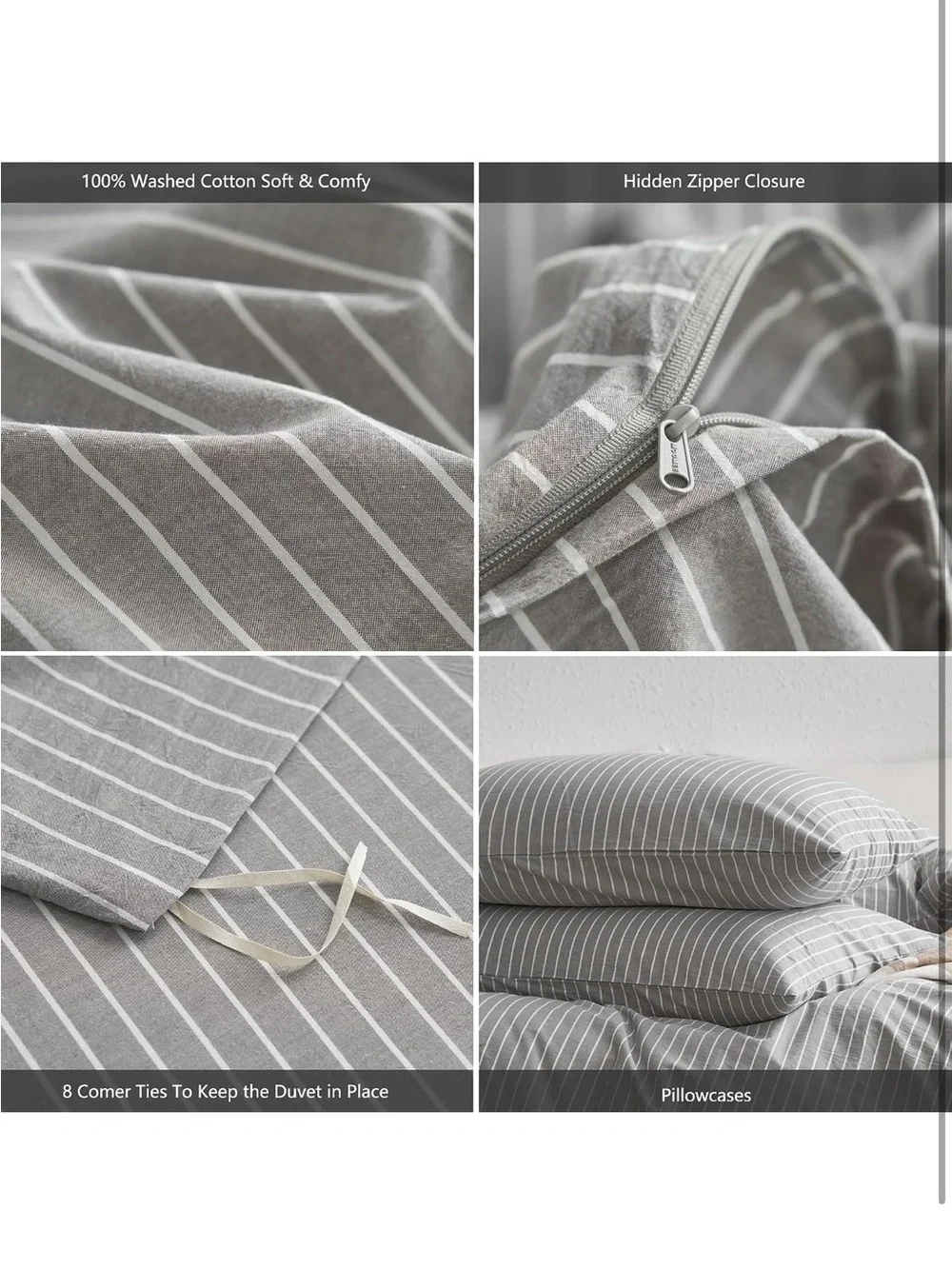 NEW MooMee Striped Duvet Cover Set 100% Washed Cotton Linen Like Texture. Grey